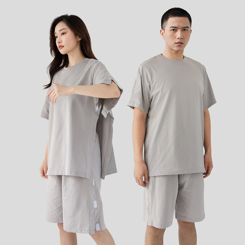 骨折专用衣服短袖短裤纯棉病号服易穿脱术后衣服瘫痪病人服装夏季 - 实物图