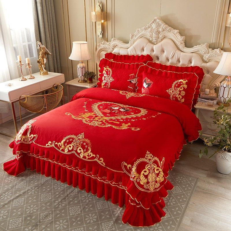 中式结婚庆全棉床盖四件套高级感刺绣花R被套大红床上用品,床上用品,婚庆床品套件,淘宝优惠券,粉丝福利购,淘宝优惠卷
