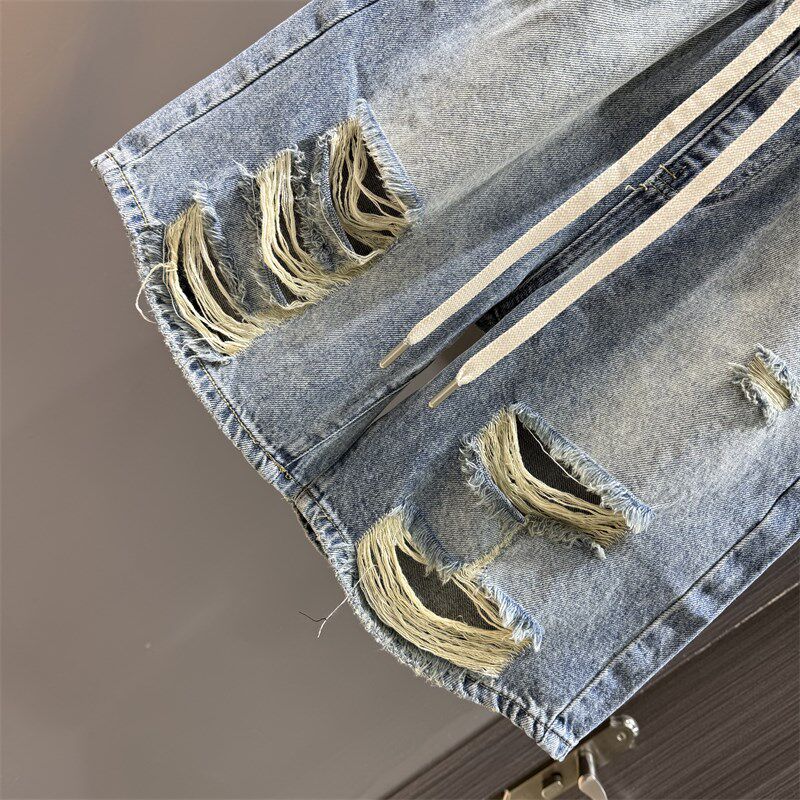 美式街头破洞做旧k牛仔五分裤女2025夏季新款宽松直筒休闲阔腿中