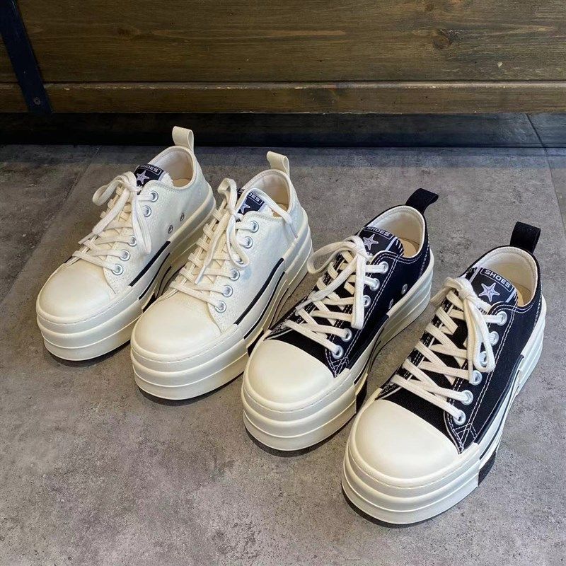 厚底帆布鞋女新款低帮增高松糕黑色百搭I圆头系带平底布鞋休闲板,女鞋,帆布鞋,淘宝优惠券,粉丝福利购,淘宝优惠卷