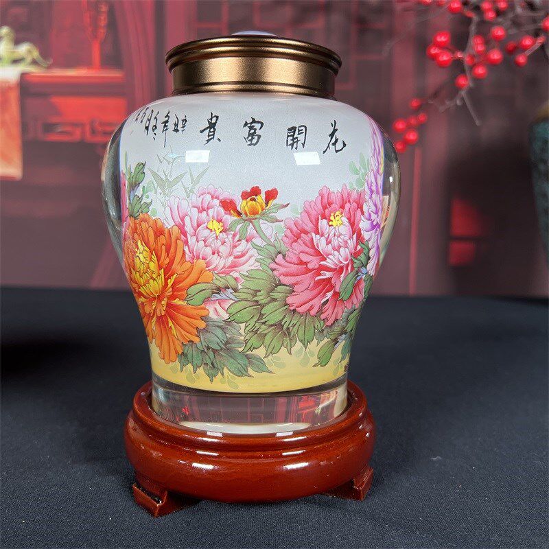 内画水晶茶叶桶实n用手工绘制特色礼品摆件礼品送底座