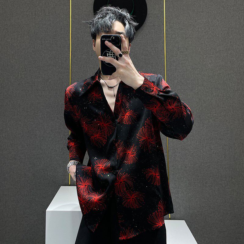 鹿鹿 满天星印花衬衫男士ins韩版高级感烫金大尖领垫X肩长袖衬衣