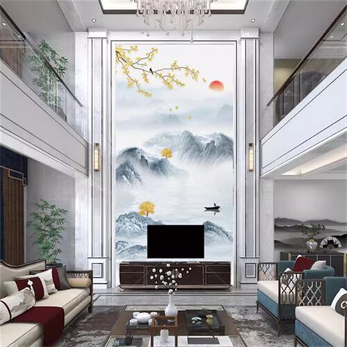 复式楼微晶石电视背景墙瓷砖客厅别墅H挑空岩板影视墙大理石罗马