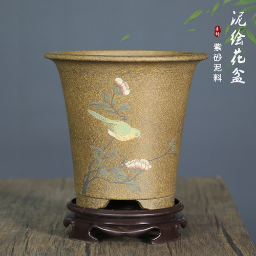 精品紫砂花盆天青泥手q工泥绘透气兰花盆室内桌面绿植摆件装饰盆