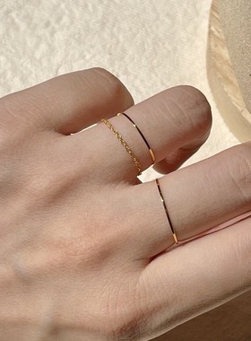 不掉色0b.5mm极细素圈戒指女叠戴14K包金食指戒指环尾戒百搭配饰