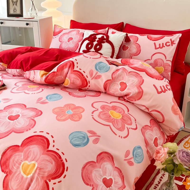 简约婚庆四件套全棉红色床单被套结J婚床上用品新婚房喜被,床上用品,婚庆床品套件,淘宝优惠券,粉丝福利购,淘宝优惠卷