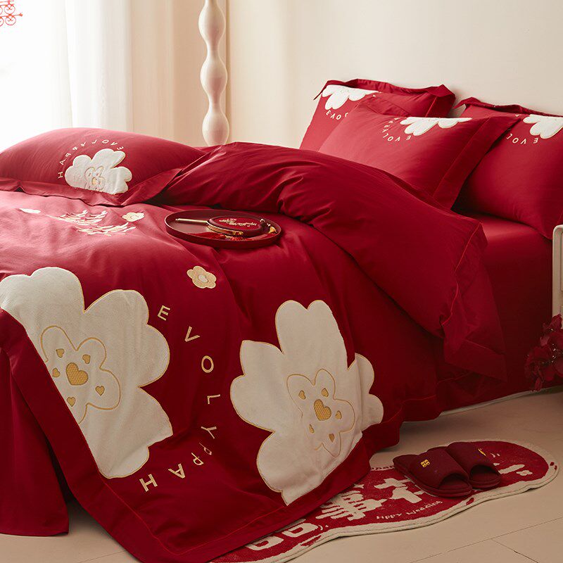 中式结婚四件套大红色新婚被套婚庆床M上用品婚房陪嫁喜被,床上用品,婚庆床品套件,淘宝优惠券,粉丝福利购,淘宝优惠卷
