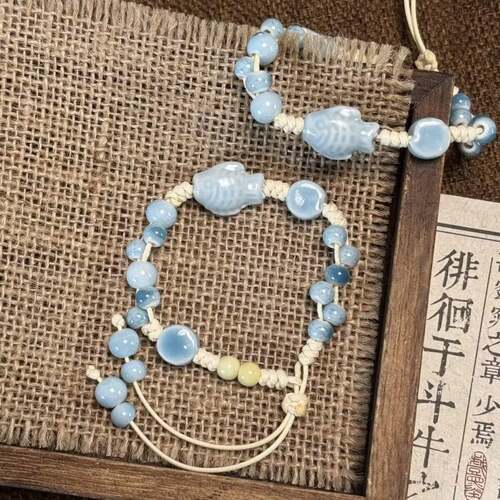 清新文艺风青瓷鱼形抽拉绳陶瓷手链小众百搭手链送朋友节日礼物