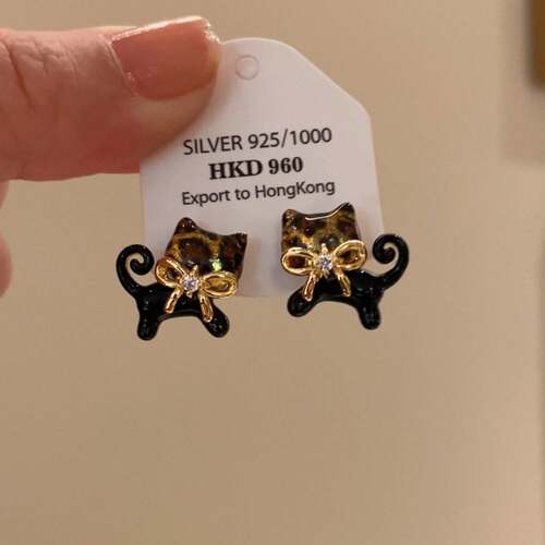 复古银针树脂小猫蝴蝶结耳环简约轻奢气质耳钉个性百搭高级感耳饰