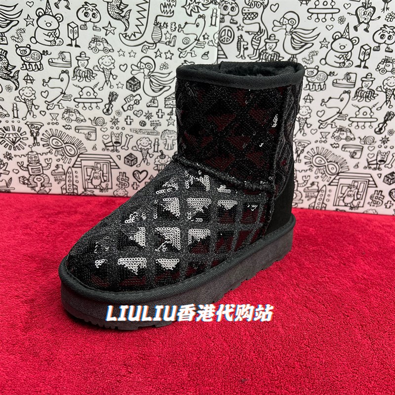 2024冬季新品7.5cm时尚方格厚底内增高黑色珠片N雪地靴女UF718FFC