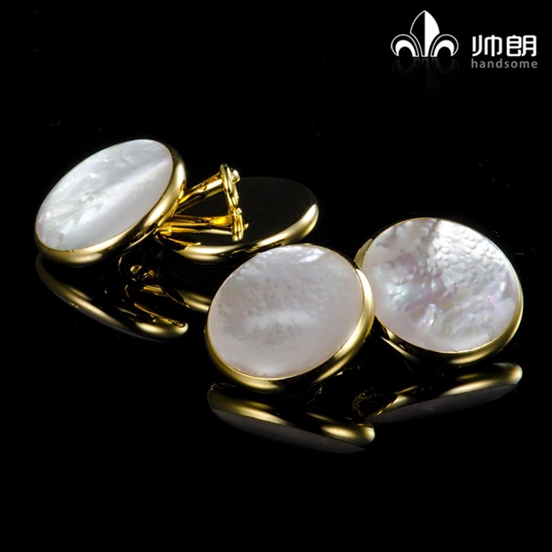 浅白色圆形贝壳袖扣链式双头袖钉袖口扣J法式衬衫扣小众装饰扣男