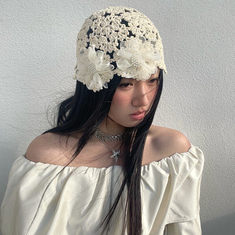 早春薄款镂空帽女帽优雅文艺花朵毛线帽可爱N织帽小众设计套头帽
