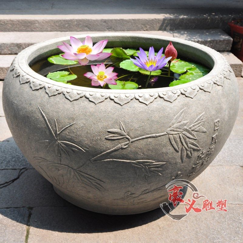青石石雕鱼缸养花养n鱼石缸花盆石缸户外装饰圆形流水仿古石槽庭
