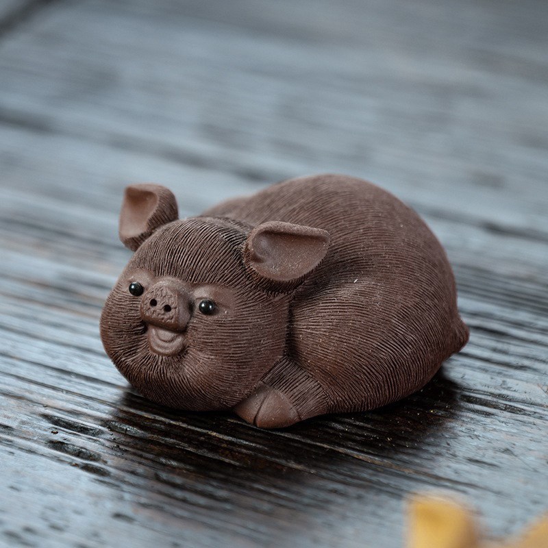 红春紫砂宜兴紫砂猪茶宠小摆件手工拉毛猪生肖猪茶具茶玩配件可养