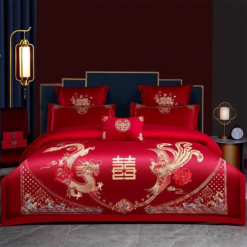 高档奢华中式刺绣婚庆四件套大红色床单被套结婚床上用品厂家