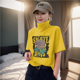 高领T恤女夏季新款个性显瘦潮流网红气休闲R玫瑰印花女打底衫