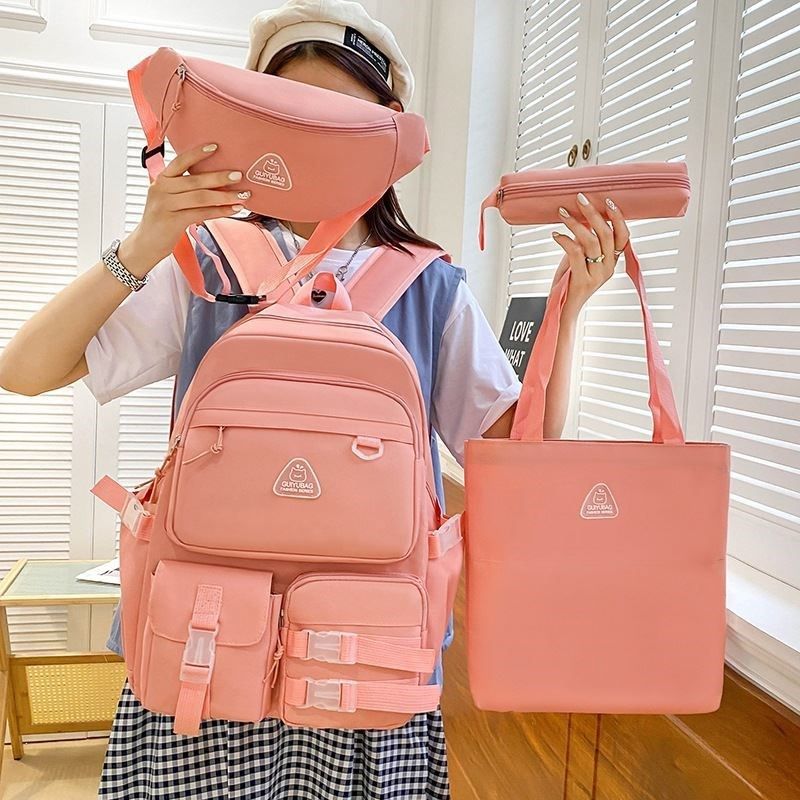 新款大容量中学生书包四件套男女C款潮流斜挎胸包简约帆布双肩包