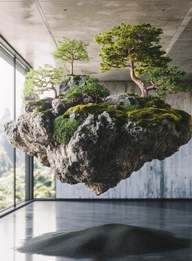 现代中式茶室办公室会所玄关垂吊吊垂盆景假P山石仿真悬浮岛景观