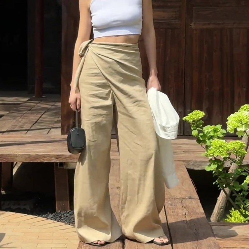 卡其色绑带c时尚设计感大码阔腿裤女2025夏季新款休闲风日常直筒,女装/女士精品,大码裤装,淘宝优惠券,粉丝福利购,淘宝优惠卷