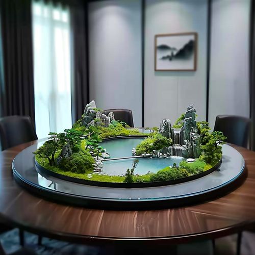 圆桌中间摆件苔藓沙盘工艺品包厢包F间水景转盘花艺餐桌电动摆花