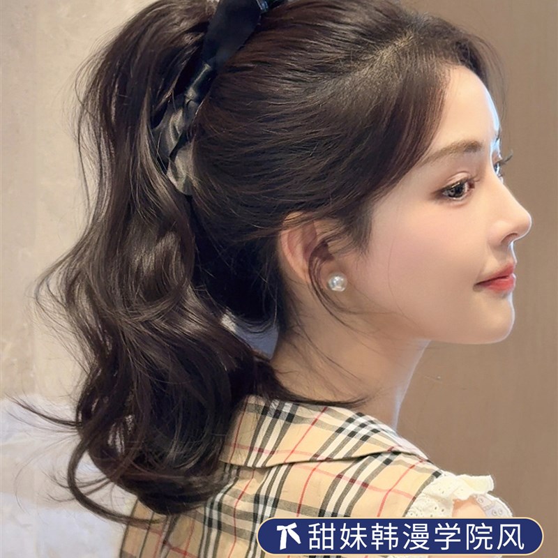 假发辫马尾女韩系蝴蝶结抓v夹彷真发蓬松增发量网红高马尾卷发辫