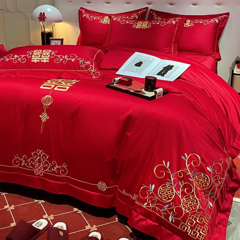 新中式全棉大红色婚庆四件套龙凤刺绣N被套结婚嫁床上用品,床上用品,婚庆床品套件,淘宝优惠券,粉丝福利购,淘宝优惠卷