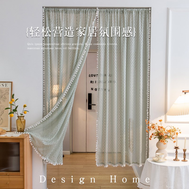 法式蕾丝纱帘隔断帘免p打孔伸缩杆魔术贴窗帘阳台飘窗客厅门帘卧