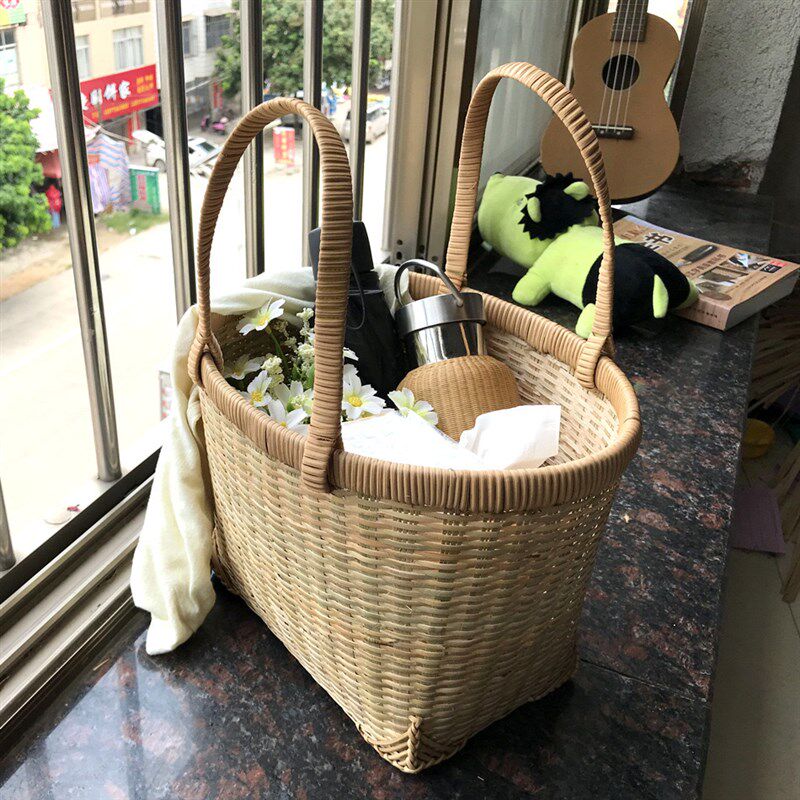 竹制品竹篮藤编手提p收纳篮超市买菜家用购物篮野餐提手菜篮