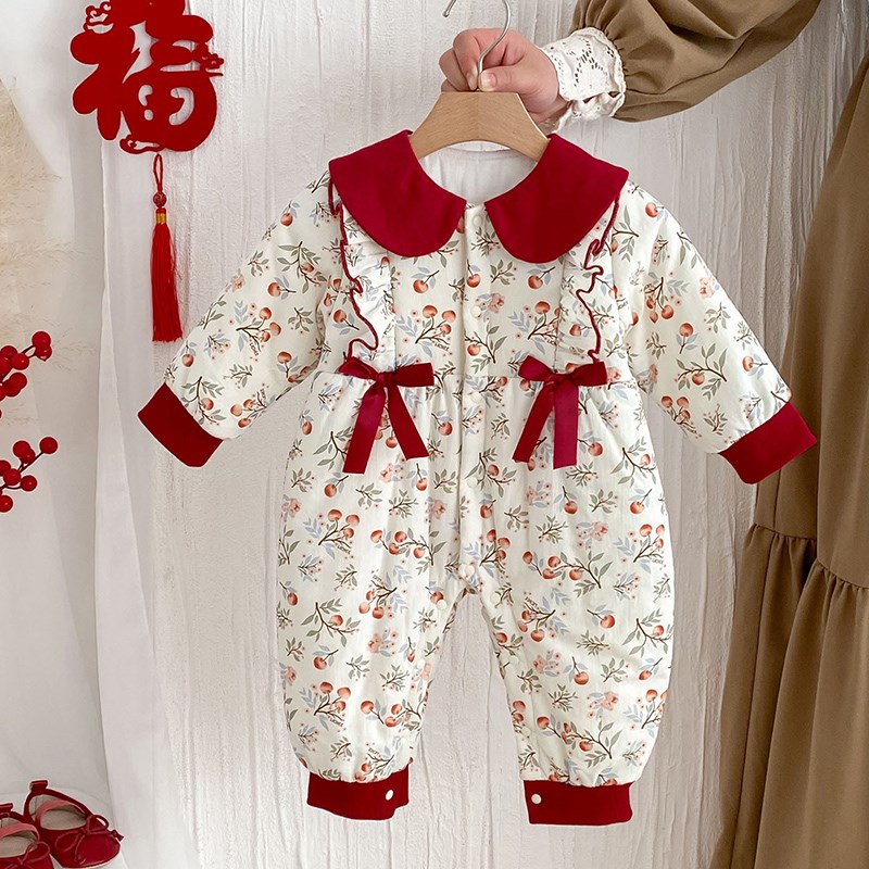 婴儿夹棉a连体衣冬A类甜美碎花爬服韩版Ins抱抱喜庆宝宝满月新年