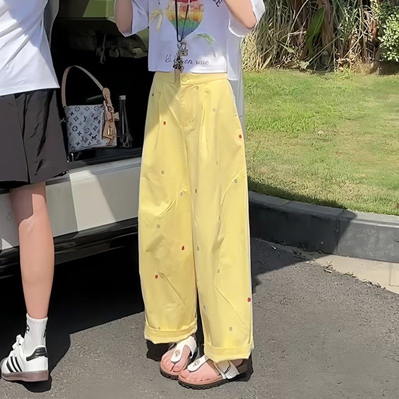 淡黄色波点设计感流行大码阔腿裤女2025夏季新S款百搭休闲风直筒,女装/女士精品,大码裤装,淘宝优惠券,粉丝福利购,淘宝优惠卷