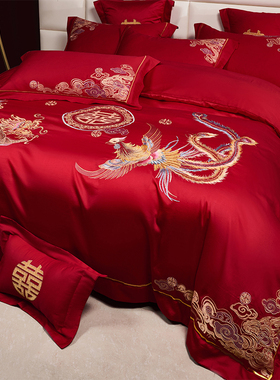 龙凤婚庆四件套100支u长绒棉大红色全棉结婚喜被床上用品4