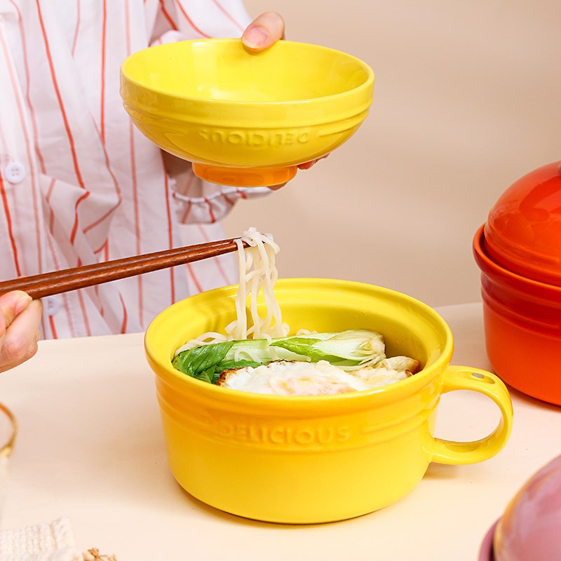 陶瓷泡面碗带盖碗宿舍食堂打饭碗泡面杯微波炉便当碗饭盒带勺