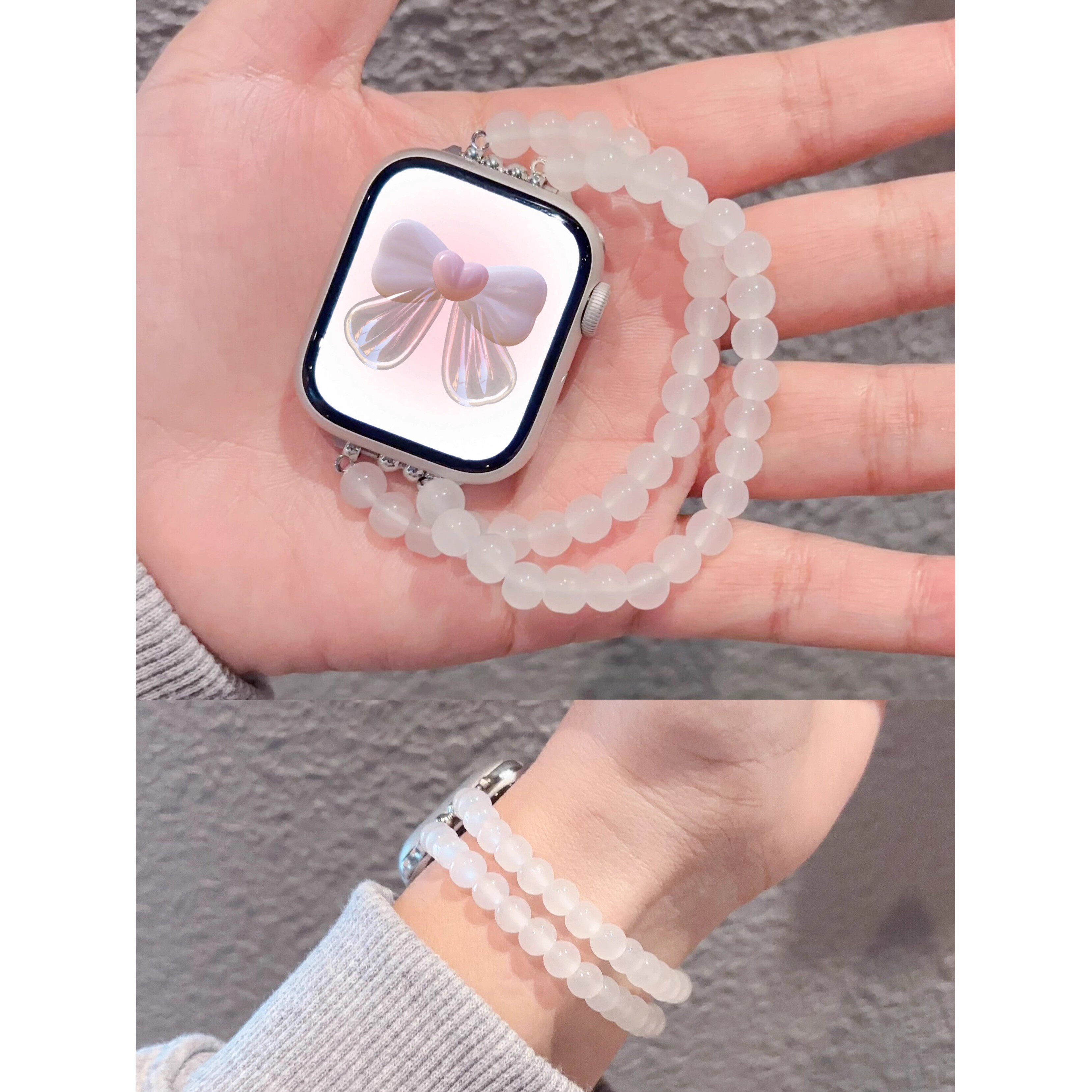 极简冷清串珠iwatch表带白色弹力素圈适用Applewatch