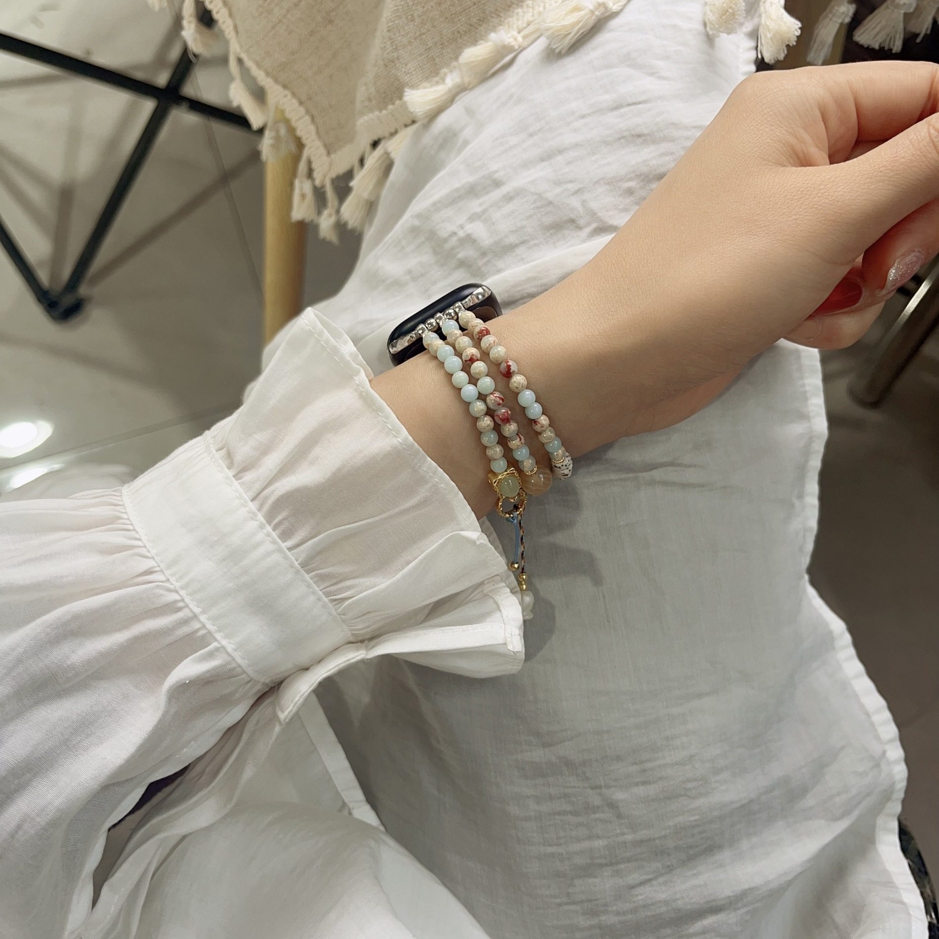 天然红纹石兰玲花iwatch表带新中式串珠手表表链S10手串手链