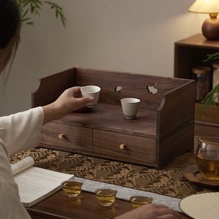 黑胡桃木茶杯架子茶具收纳盒实木桌面首饰杂物收纳柜带抽屉置物架