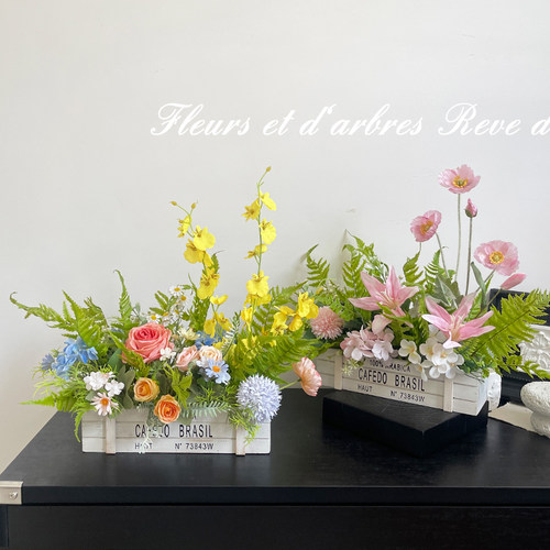 法式田园莫奈花园仿真花假花干花实木栅栏玄关S盆栽餐桌花艺摆件