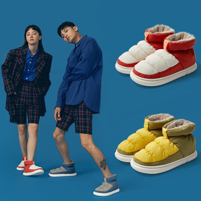 简约拼色包跟厚底防水棉r拖鞋女冬季羽绒布保暖雪地靴防滑情侣外