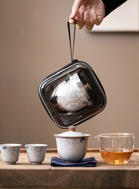 便携式旅行茶具一壶二杯简易2人泡茶喝茶套装纯手绘牡Z丹功夫茶具