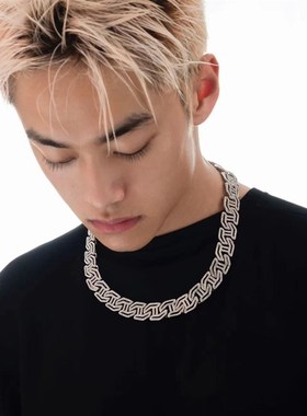 菱形镂空17mm古巴链镶钻项链男士学生嘻哈hiphop个性简约街头百搭