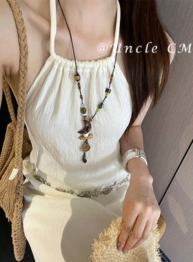 复古多元素笑脸月亮项链女小众设计感长款吊坠颈链民族风锁骨链潮