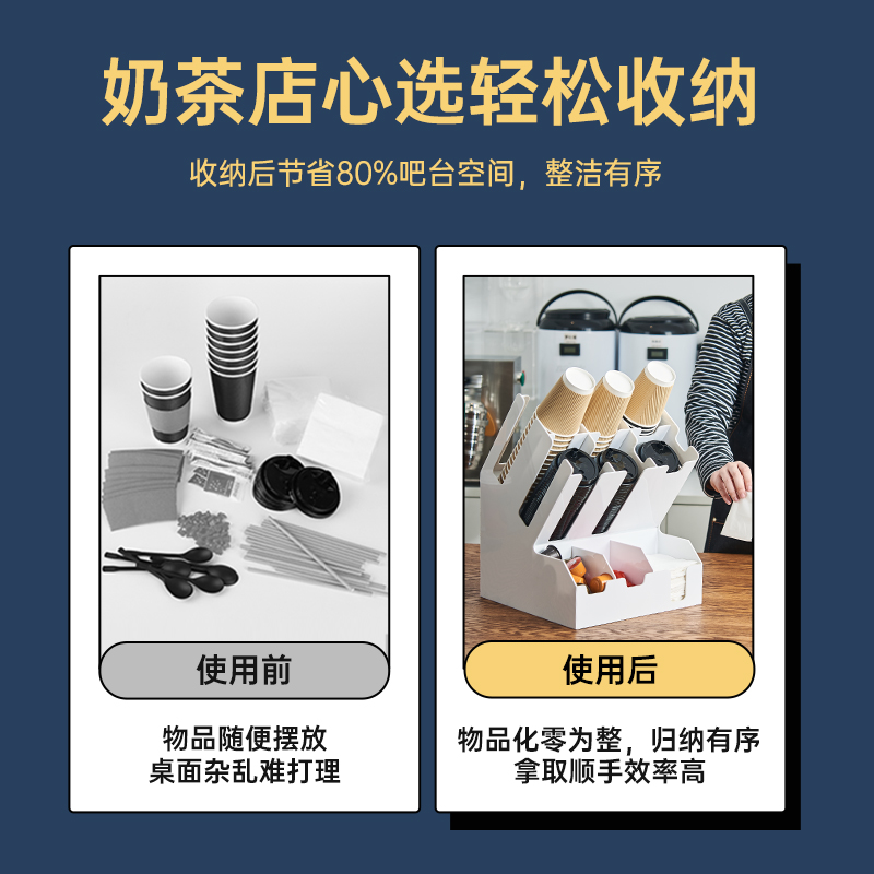 白色纸杯架奶茶店一次性杯子架吧台吸管收纳盒咖啡杯盖放置架商用
