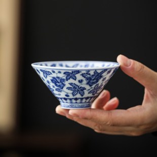 白瓷青花秋葵陶瓷茶杯主人杯个人品茗杯家用高端单个斗笠茶盏