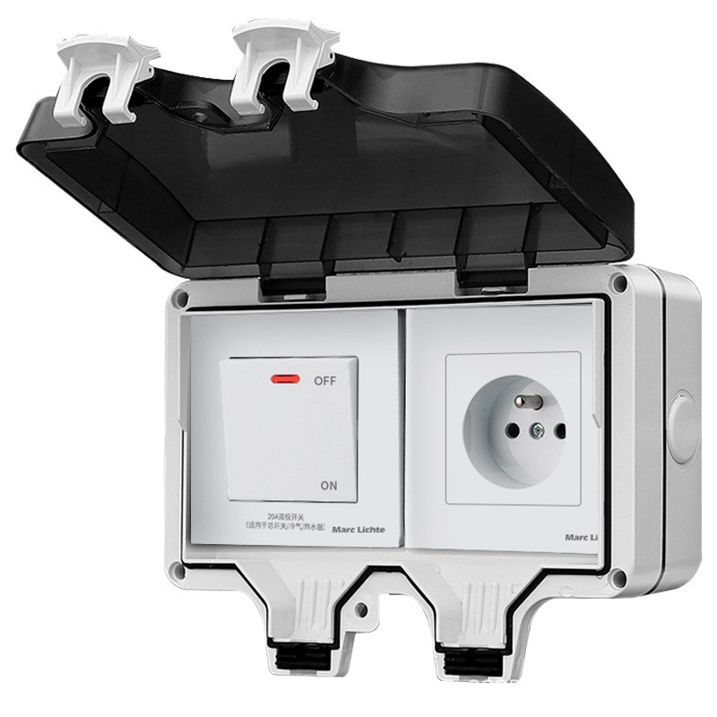 IP66防水盒单16A法标插座法式插座+20A曲架开关室外防雨罩