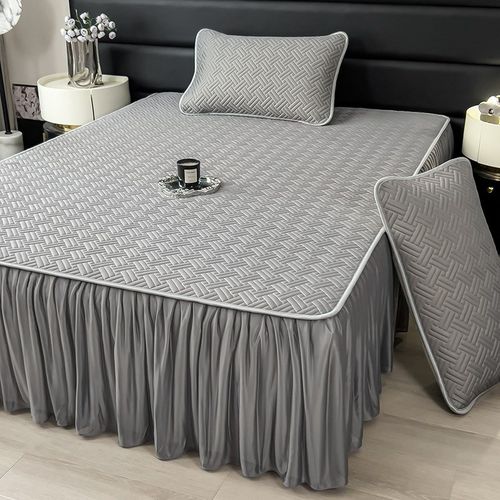 纯色夏季乳胶冰丝凉席三件套家用可水洗空调席公主风纯色花边席子