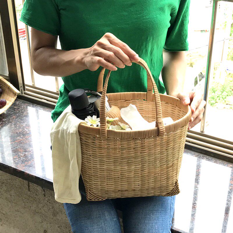 竹编竹制品 藤编手o提篮 竹编篮子家用 买菜购物筐 野餐提手菜篮