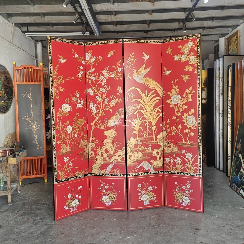 红底手绘b古典花鸟漆画屏风婚礼摄影背景墙描金折叠隔断客厅办公