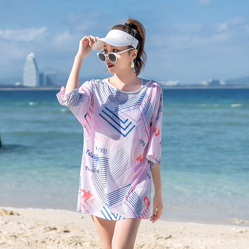 新款大码泳衣f女分体三件套罩衫200斤大胸显瘦游泳衣沙滩温泉泳装