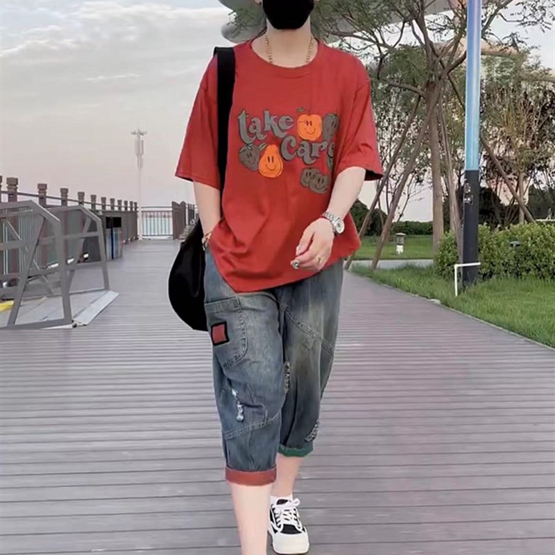时尚两件套装g女2024年夏季新款不规则印花T恤+薄款水洗牛仔六分