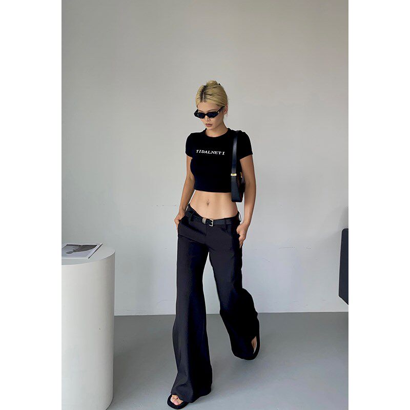 井也 黑色低腰休闲西裤女夏季新款宽松显瘦直筒拖T地垂感阔腿长裤