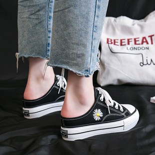 2024新款春黑色帆布鞋厚底内y增高懒人半拖鞋女外穿无后跟潮松糕